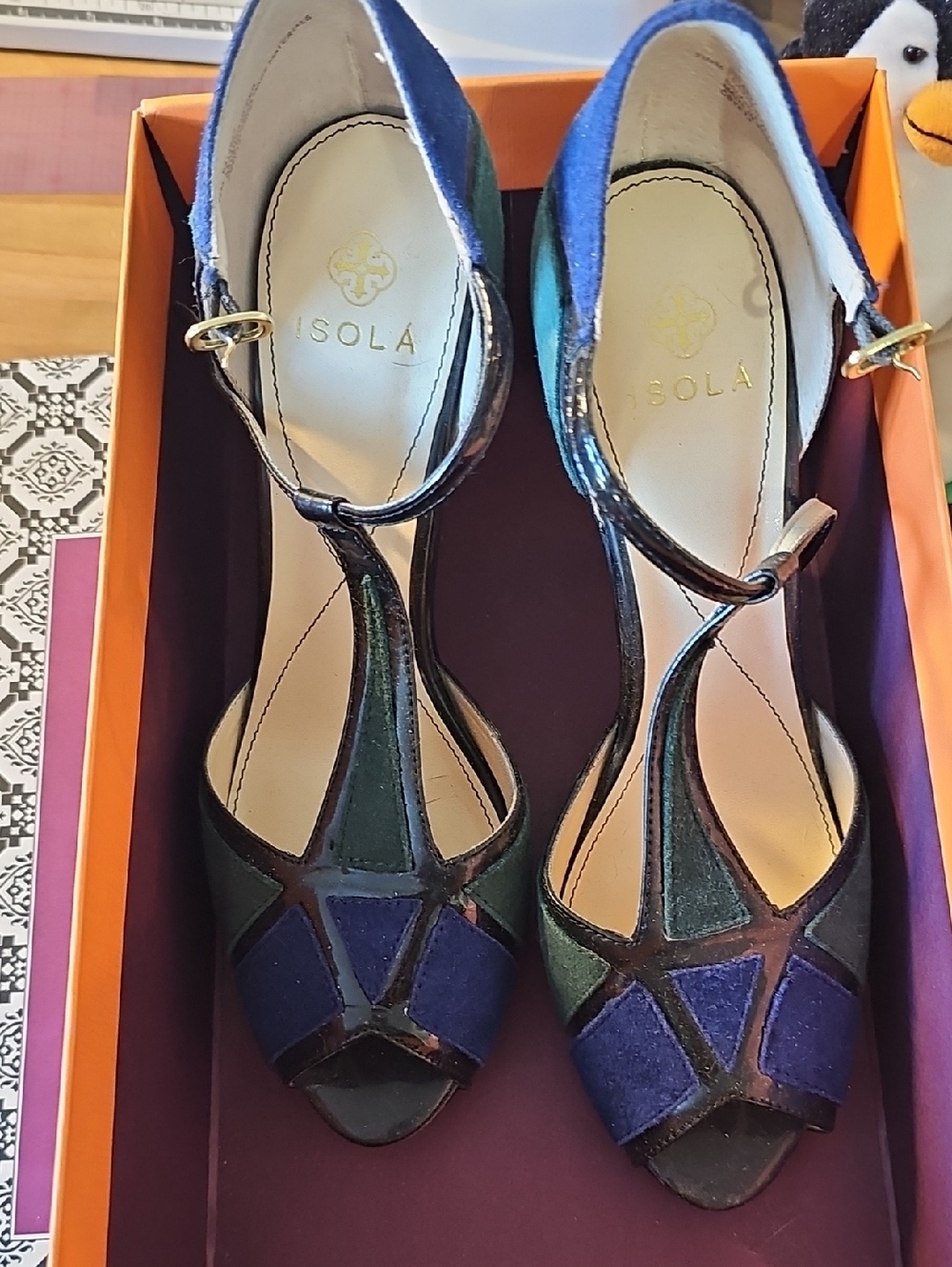 Isola Blue and Green T-Strap Peep-Toe Heels with Gold Buckle